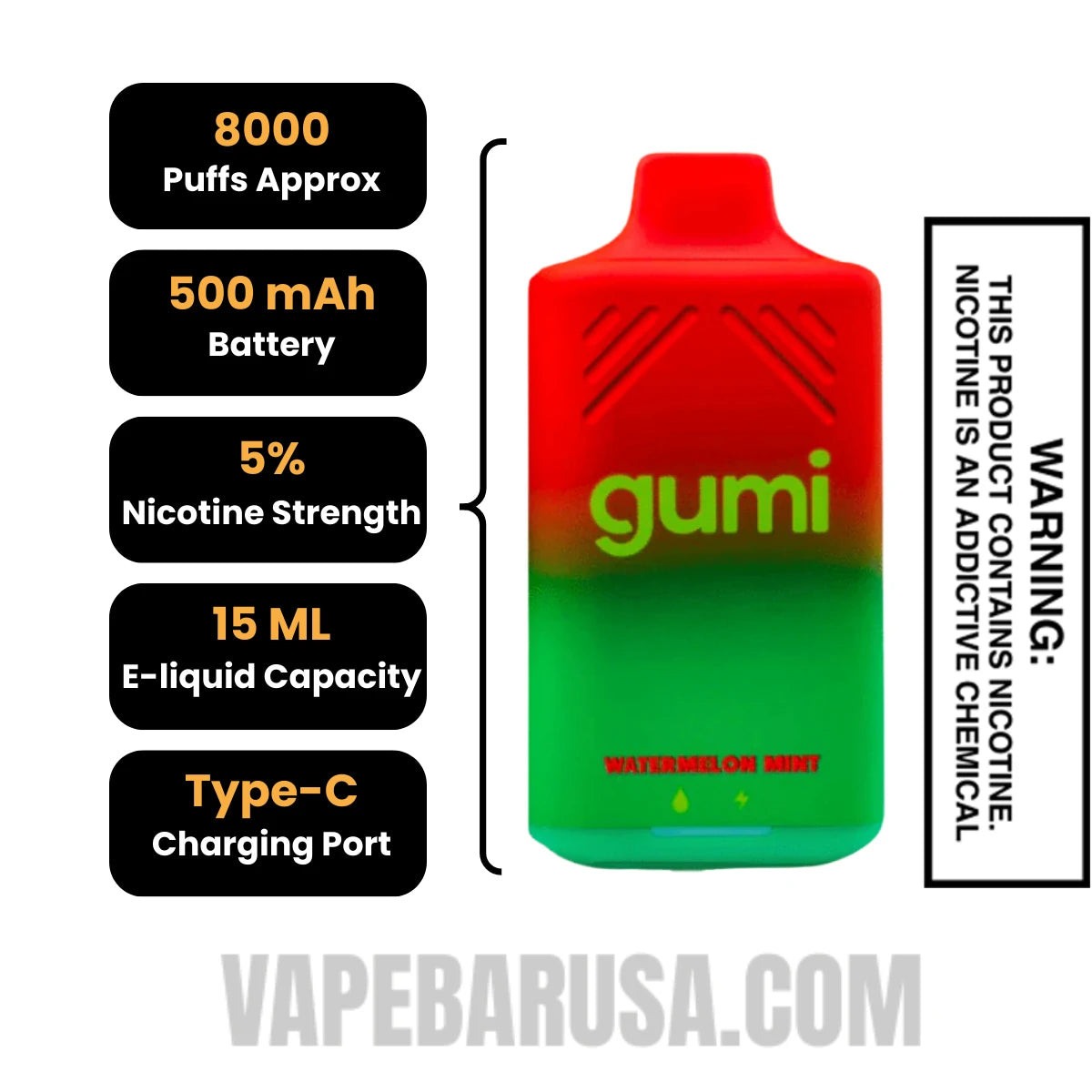 Watermelon Mint Gumi Bar Disposable Vape 8000 Puffs Specifications