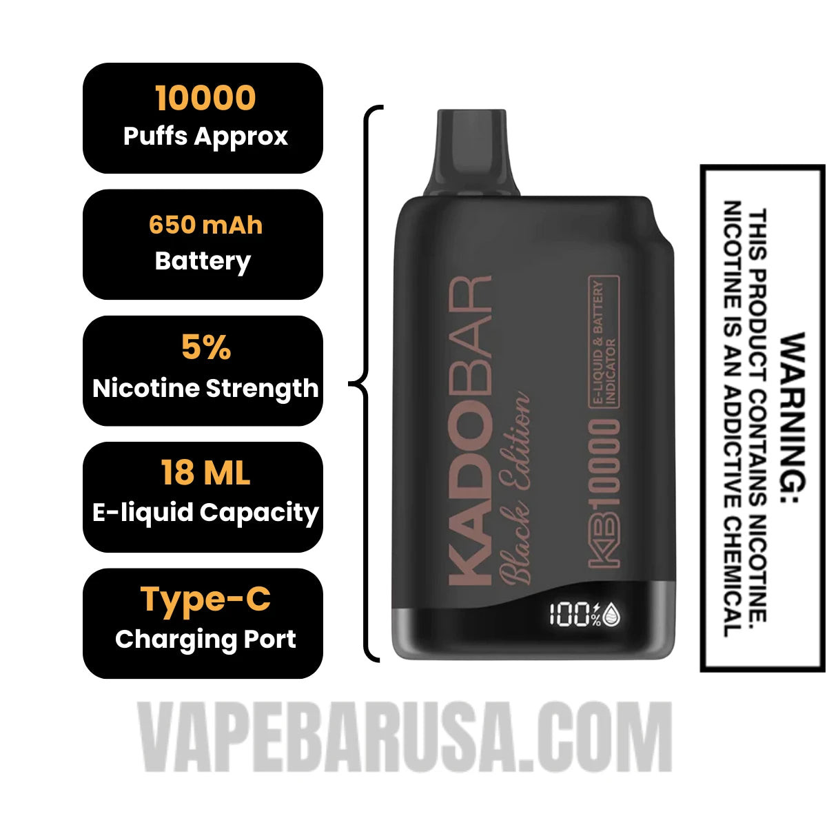 Virginia Tobacco Kado Bar Black Edition Disposable Vape Specifications