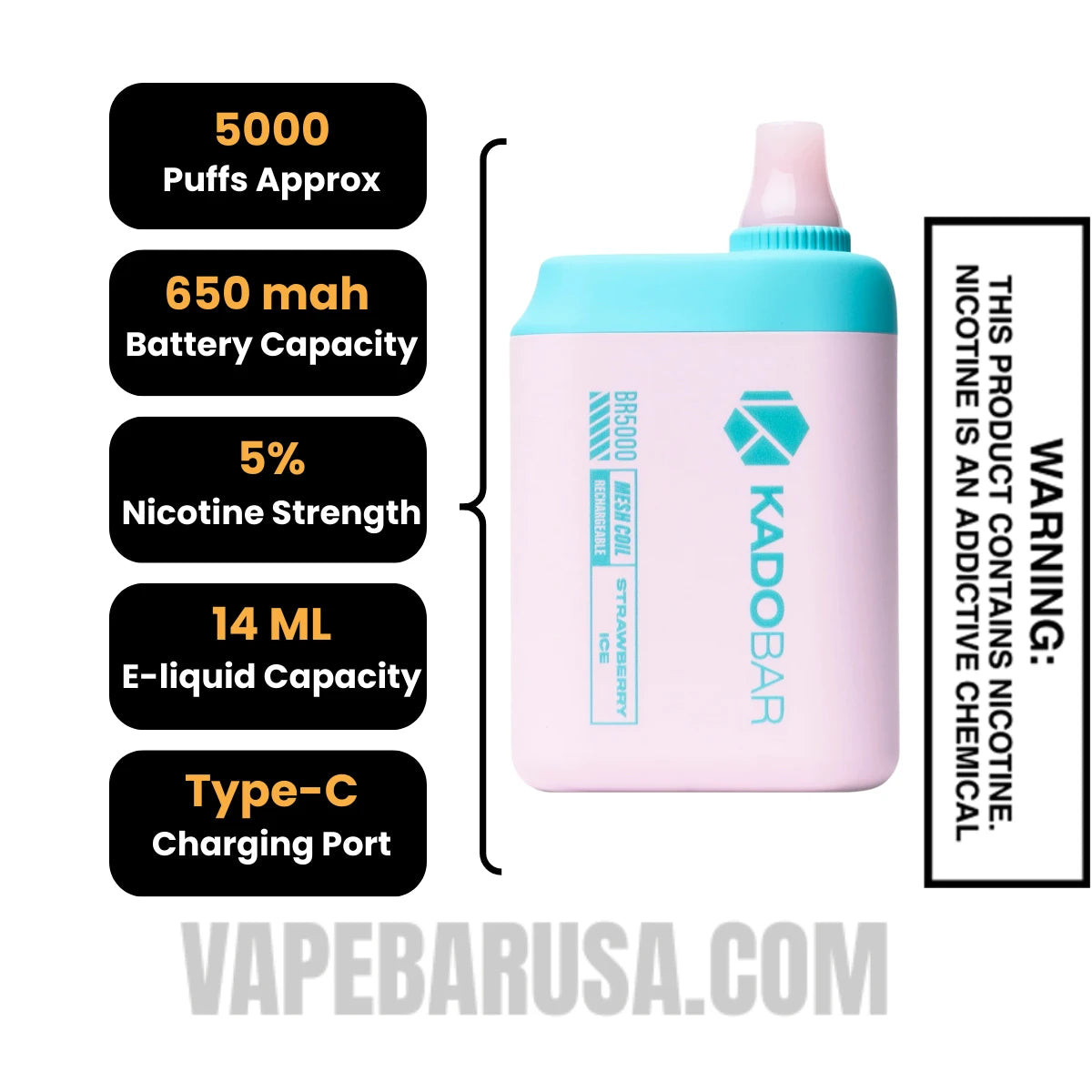 Strawberry Ice Kado Bar BR5000 Disposable Vape Specifications