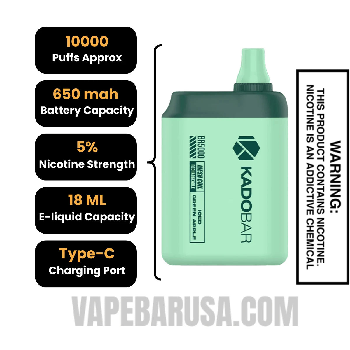 Iced Green Apple Kado Bar BR5000 Disposable Vape Specifications