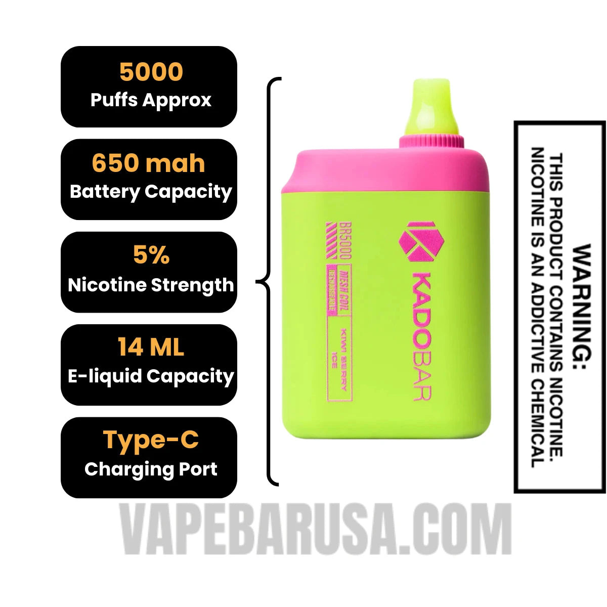 Kiwi Berry Ice Kado Bar BR5000 Disposable Vape Specifications