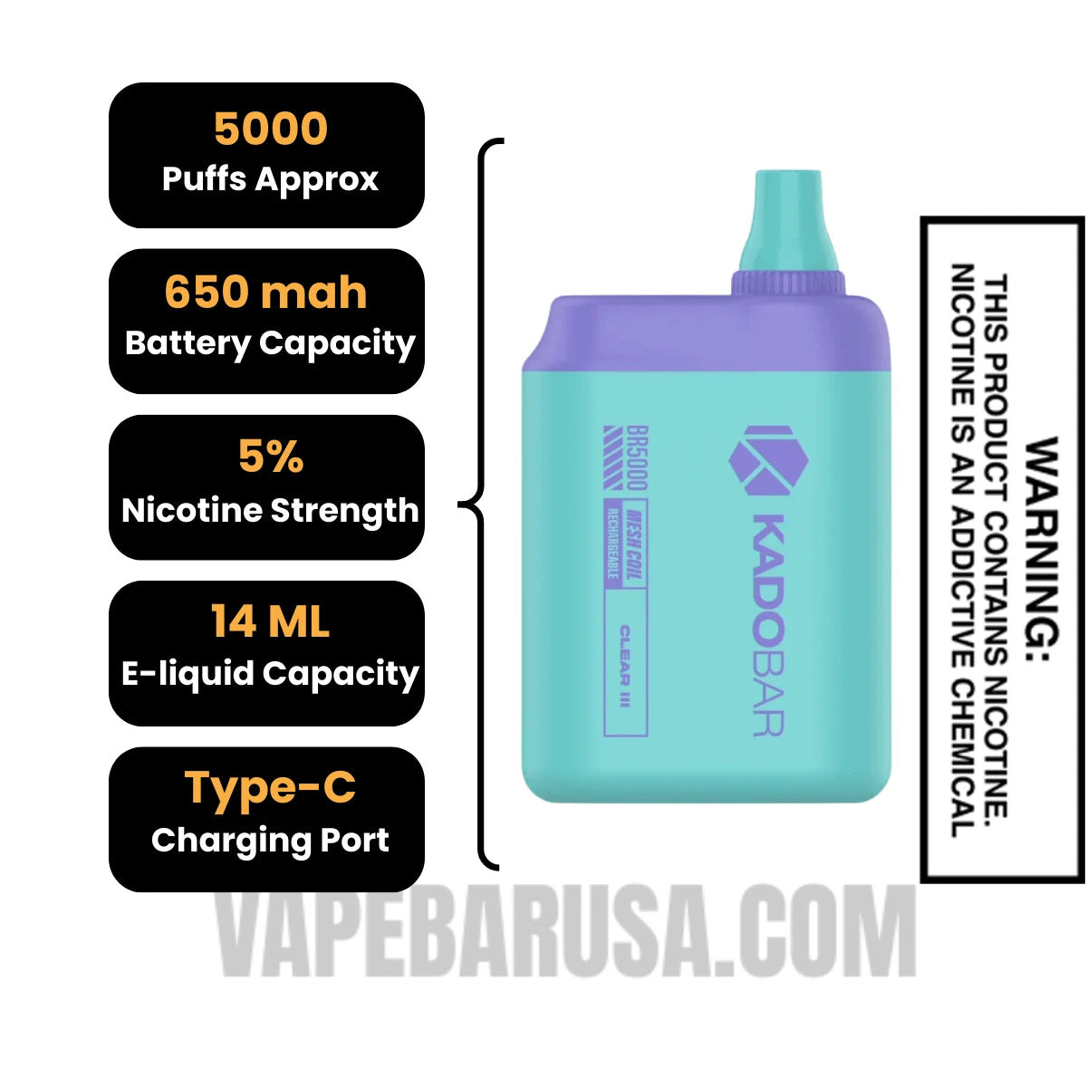 Clear III Kado Bar BR5000 Disposable Vape Specifications