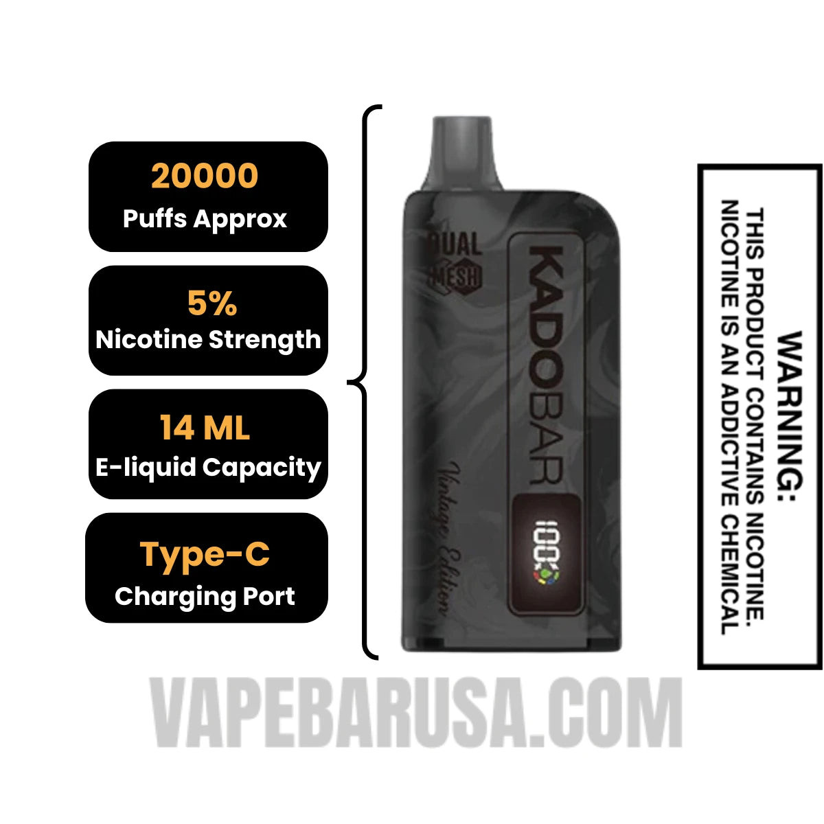 Colombian Peppermint Coffee Kado Bar Vintage Edition 20000 Puffs Disposable Vape Specifications