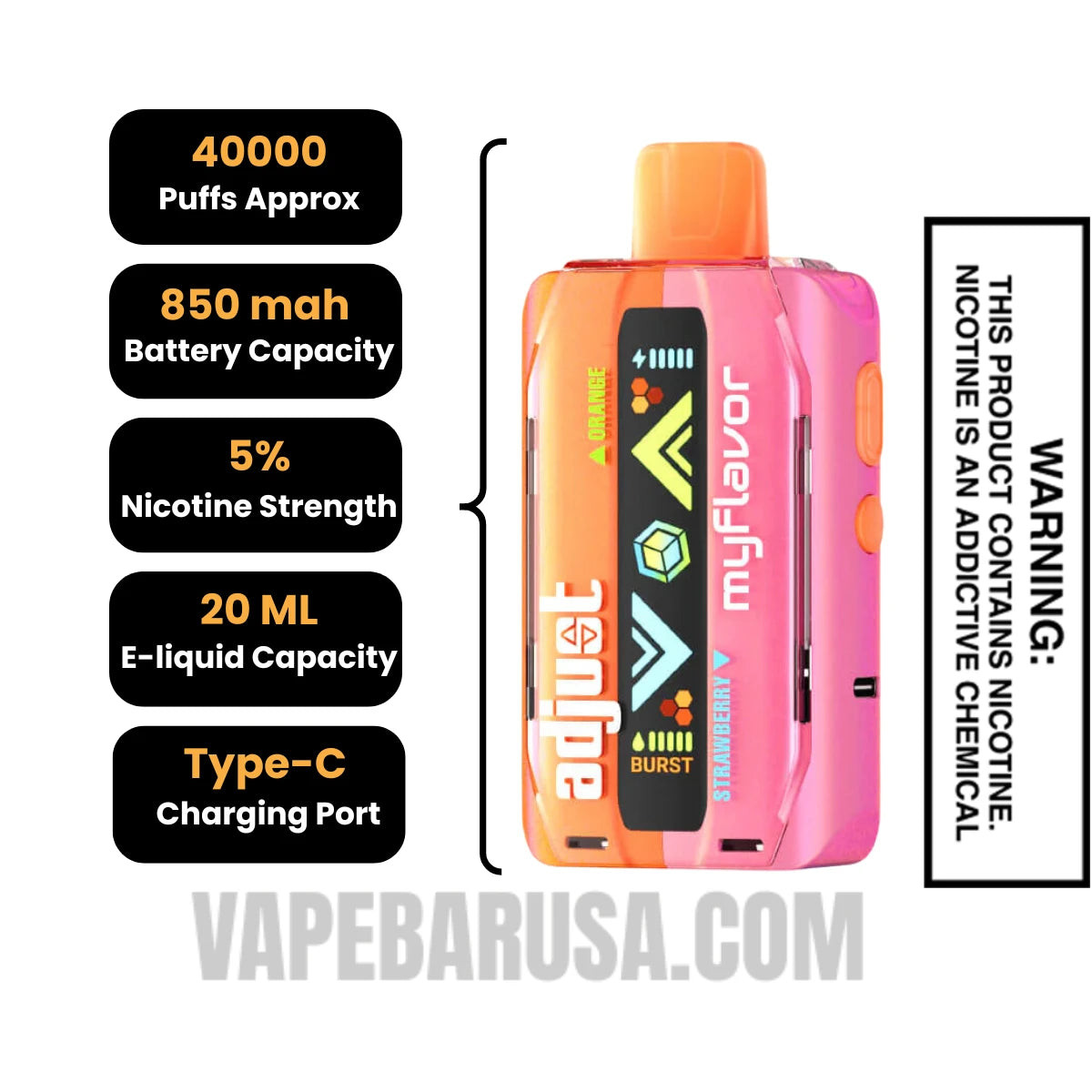 Orange Strawberry Adjust MyFlavor 40K Disposable Vape Specifications