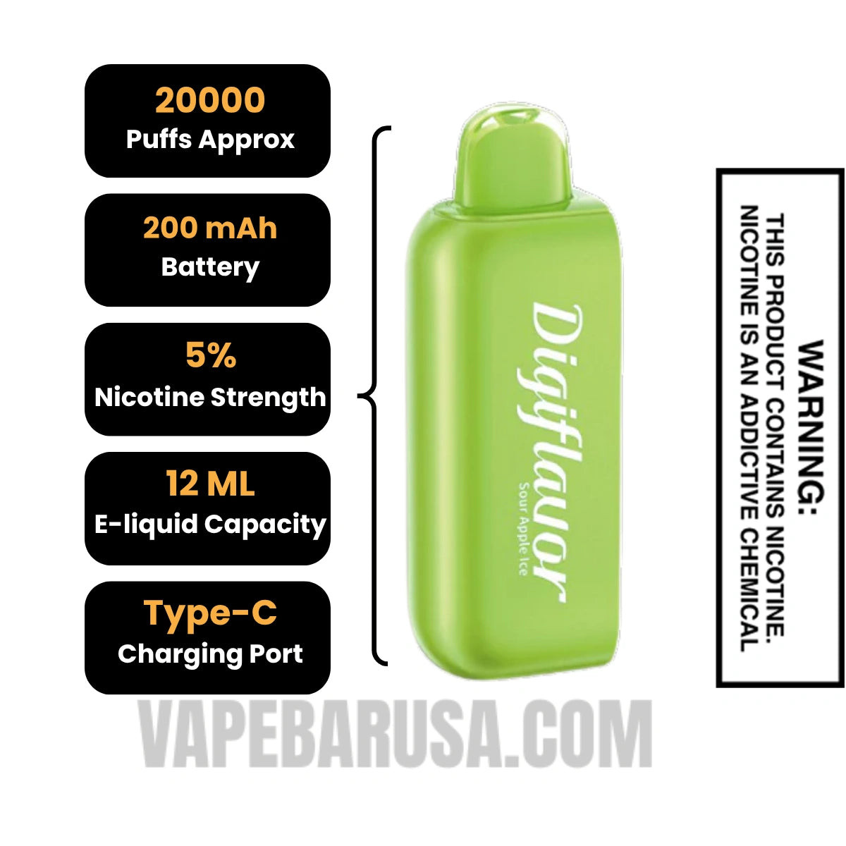 Sour Apple Ice Digiflavor BRK 20K Disposable POD Specifications