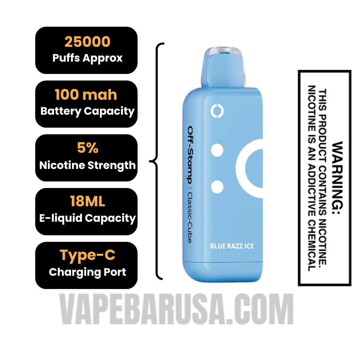 Blue Razz Ice Off Stamp Classic Cube 25K Disposable Pod Specifications