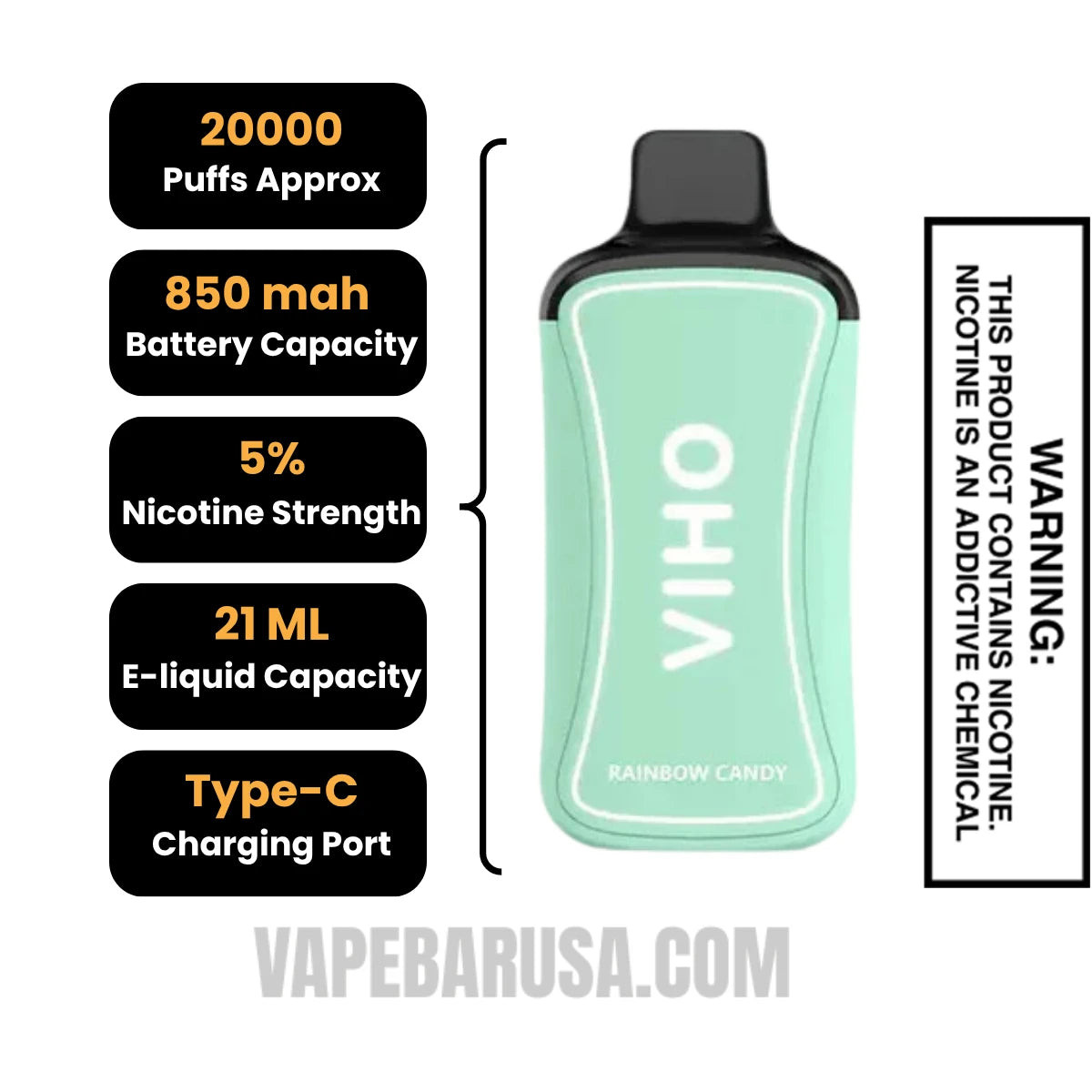 Rainbow Candy VIHO Supercharge 20000 Puffs Vape Specifcations