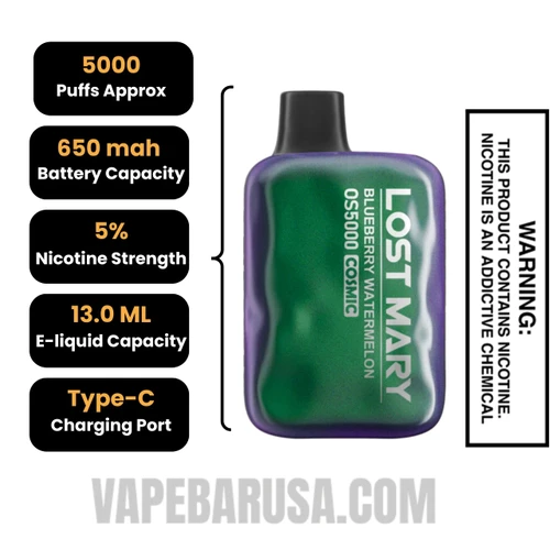 Blueberry Watermelon Lost Mary OS5000 Cosmic Edition Vape Specifications