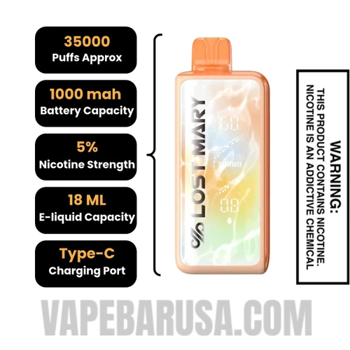Pineapple Lime+ Lost Mary MT35000 Turbo Disposable Vape with specifications