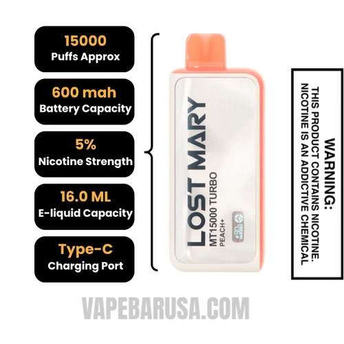 Peach+ Lost Mary MT15000 Turbo Disposable Vape Specifications