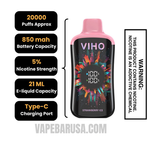 Strawberry Ice VIHO Supercharge Pro 20K Disposable Vape Specifcations