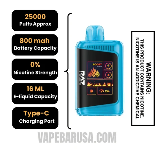Blueberry Watermelon RAZ LTX 25K Zero Nicotine Disposable Vape Specifications