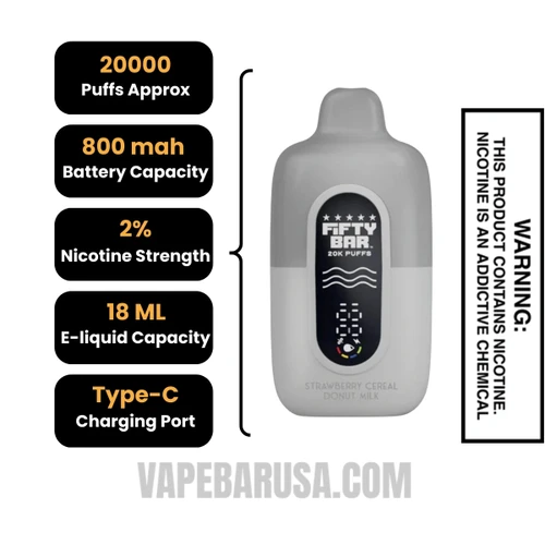 Strawberry Cereal Donut Milk Fifty Bar 20K Silver Series 2% Disposable Vape Specifications