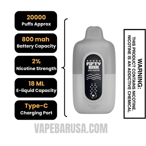 Pineapple Whip Fifty Bar 20K Silver Series 2% Disposable Vape Specifications 