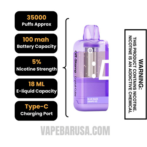 Blue Razz Grape Ice Off Stamp X Cube Crystal Cube 35K Vape Pod Specifications