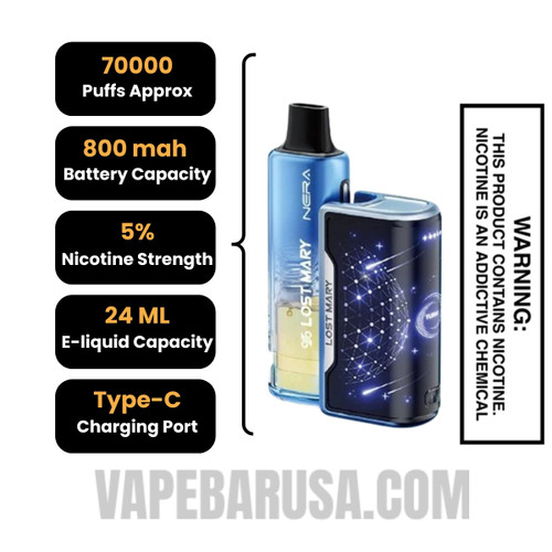Blue Razz Ice & Blackberry Blueberry Lost Mary Nera Fullview 70K Disposable Vape Kit Specifications