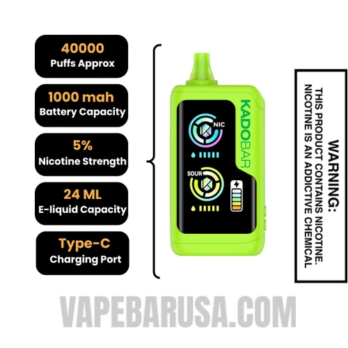 Sour Apple Hard Candy Kado Bar NI40000 Sour-Nic Control Disposable Vape Specifications