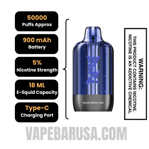 Sour Neon Fab Beri Cliq 50K Disposable Vape Pod Specifications