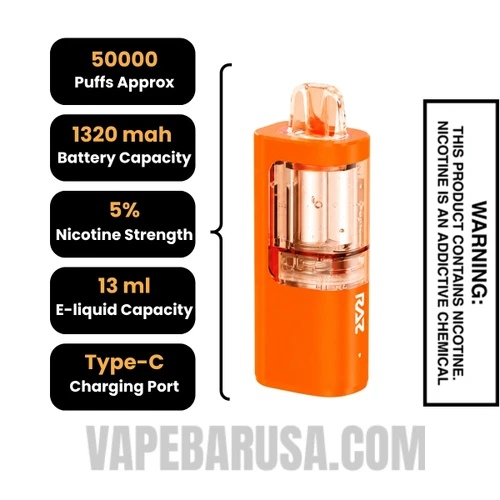 Peach Yummy RAZ VUE 50K Disposable Vape Pod Specifications