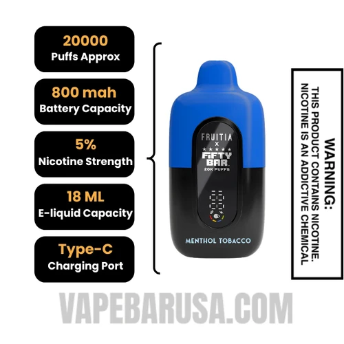 Menthol Tobacco Fruitia X Fifty Bar 20K Disposable Vape Specifications