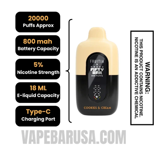 Cookies & Cream Fruitia X Fifty Bar 20K Disposable Vape Specifications