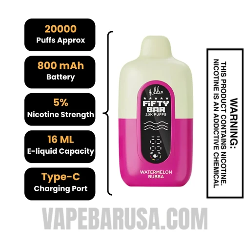 Watermelon Bubba Hidden Hills X Fifty Bar 20k Disposable Vape Specifications