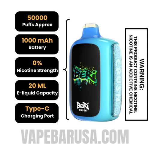 Blue Razz Ice Beri Crush 50K Zero Nicotine Disposable Vape Specifications