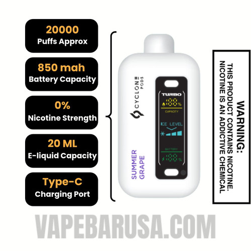 Summer Grape Cyclone Gust Pro 20K Zero Nicotine Disposable Vape Specifications