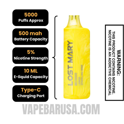 Lemon Sparkling Wine Lost Mary MO5000 Disposable Vape Specifications