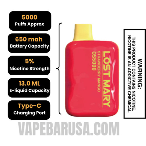 Strawberry Mango Lost Mary OS5000 Disposable Vape Specifications