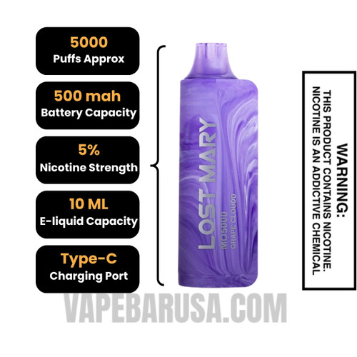 Grape Cloudd Lost Mary MO5000 Disposable Vape Specifications