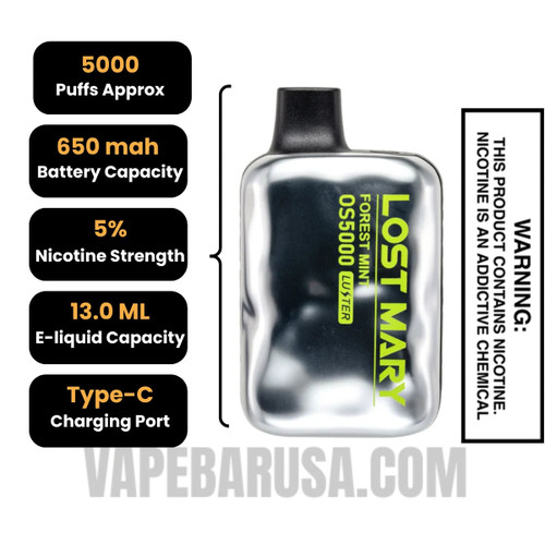 Forest Mint Lost Mary OS5000 Luster Edition Vape Specifications
