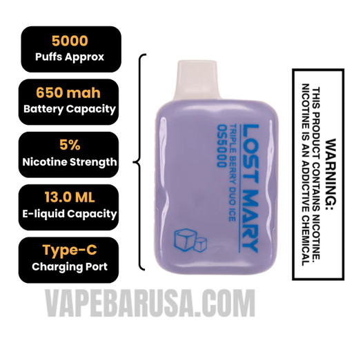 Triple Berry Duo Ice Lost Mary OS5000 Frozen Edition Vape Specifications