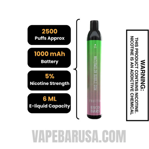 Watermelon Bubblegum Esco Bar 2500 Puffs Disposable Vape Specifications