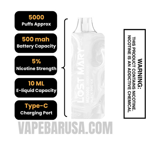 Black Duo Ice Lost Mary MO5000 Disposable Vape Specifications
