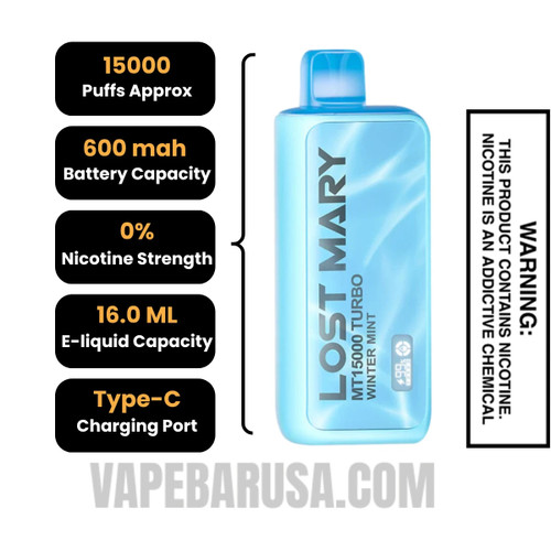 Winter Mint Lost Mary MT15000 Turbo Vape - 0% Nic Specifications