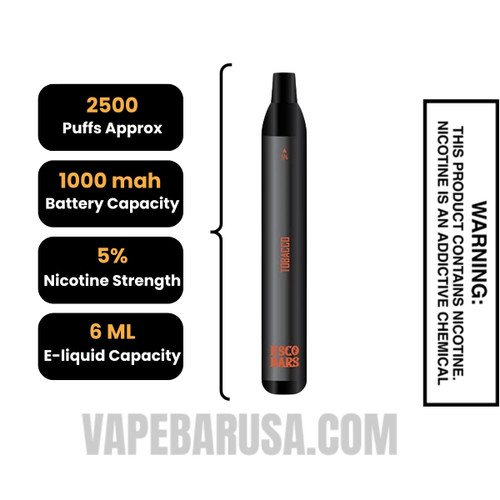 Tobacco Esco Bars 2500 Puffs Disposable Vape Specifications
