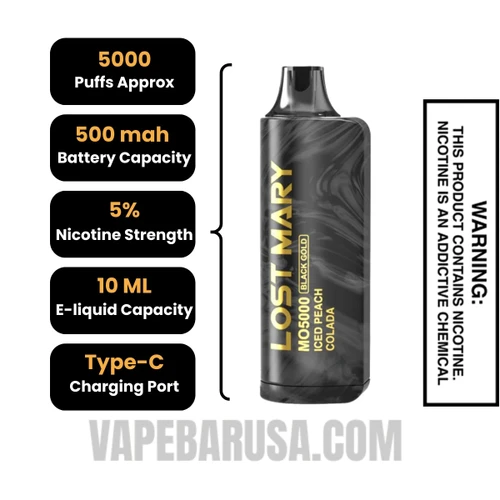 Iced Peach Colada Lost Mary MO5000 Black Gold Edition Vape Specifications 