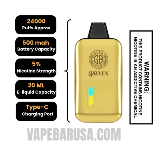 Strawberry Kiwi Watermelon Gold Bar 24Seven Disposable Vape specifications