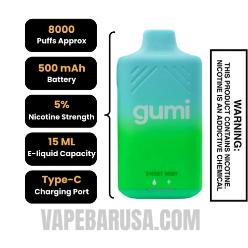 Sweet Mint Gumi Bar Disposable Vape 8000 Puffs Specifications