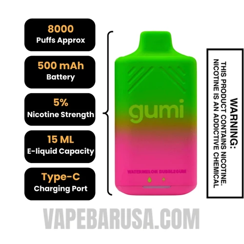 Watermelon Bubblegum Gumi Bar Disposable Vape 8000 Puffs Specifications