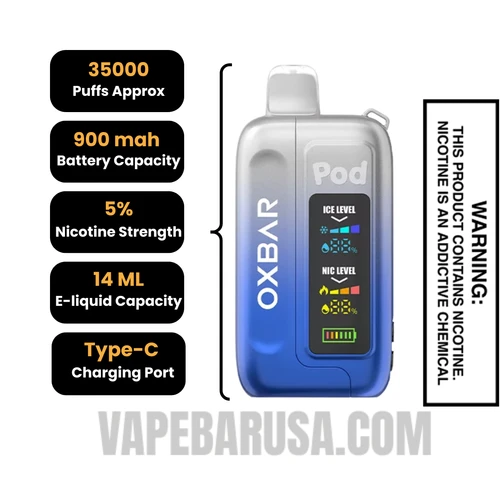 Clear Cobalt Blue OXBAR Ice-Nic Control Disposable Vape Specifications