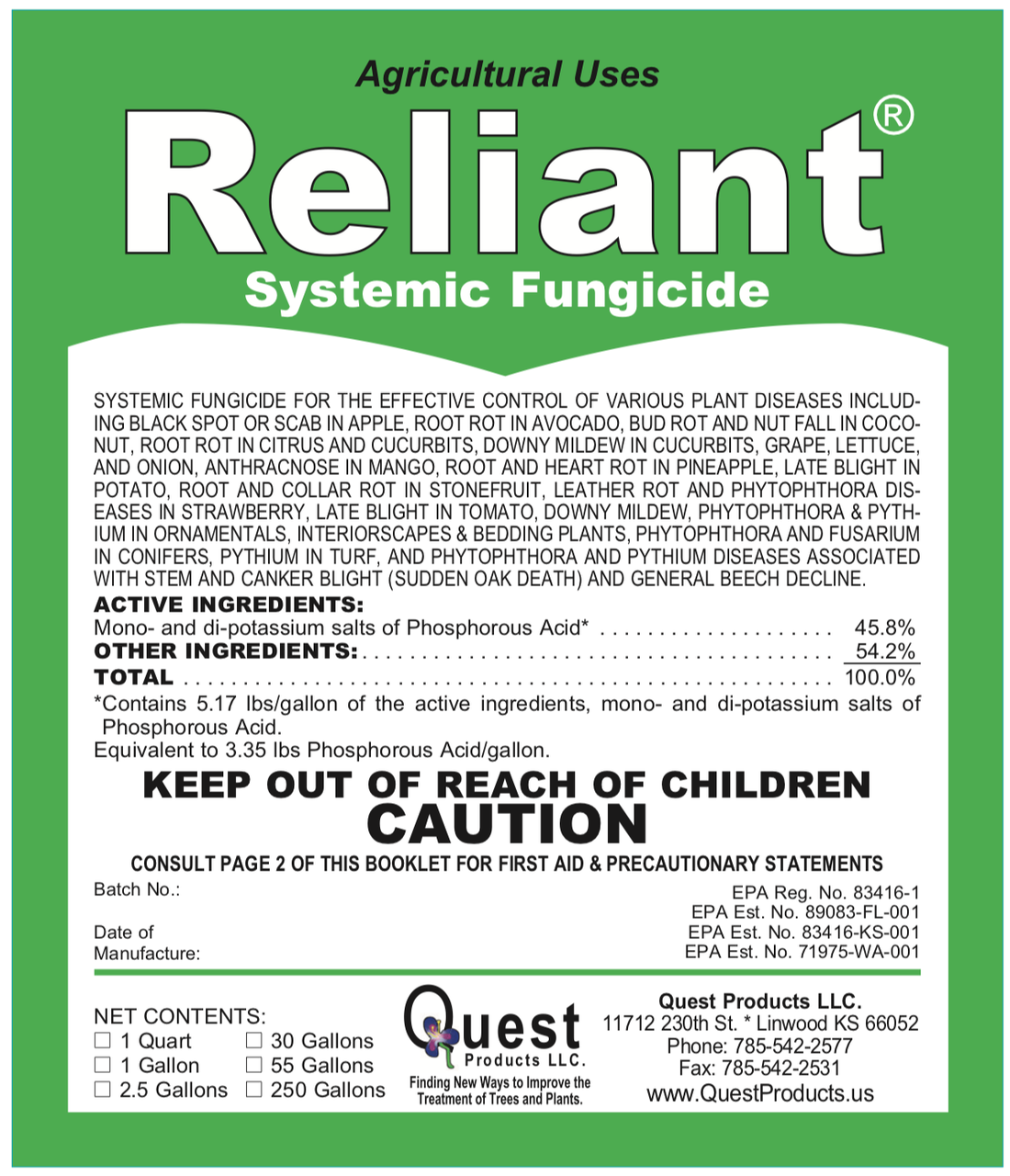 Reliant Systemic Fungicide (Agri-Fos/Garden Phos) - 1 Gallon (128oz)