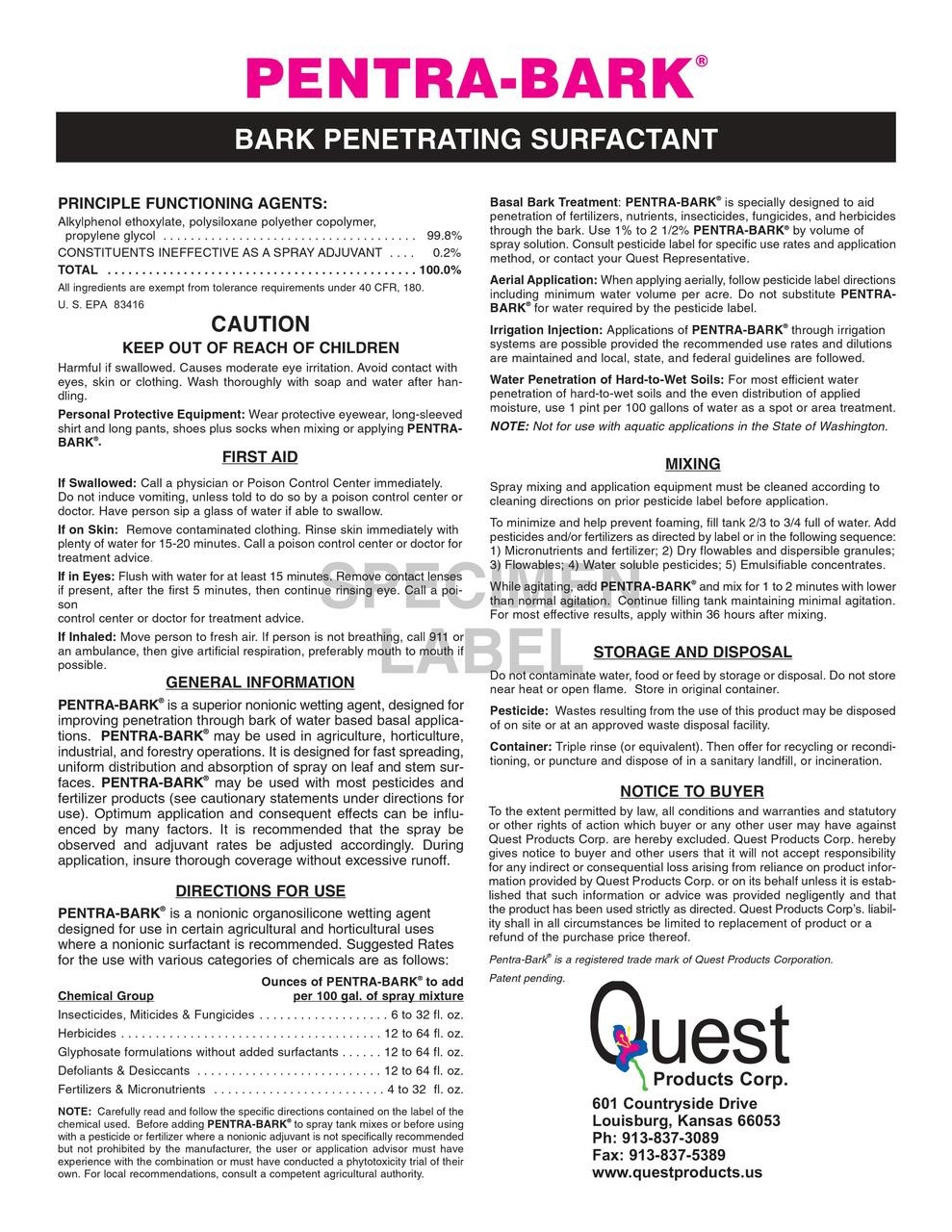 Pentra Bark Penetrating Surfactant label by Quest