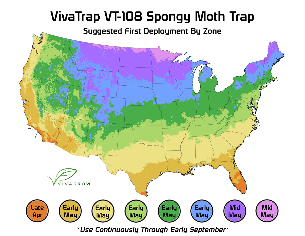VivaTrap VT-108 Spongy Moth Trap & Lure 199284656093 Time To Deploy Map USDA Zones