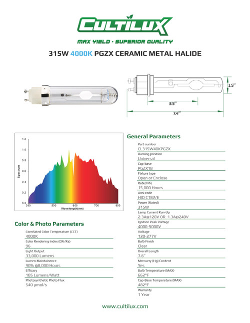 Cultilux CMH+UV 315W PGZX 4000K Gen2 Grow Lamp