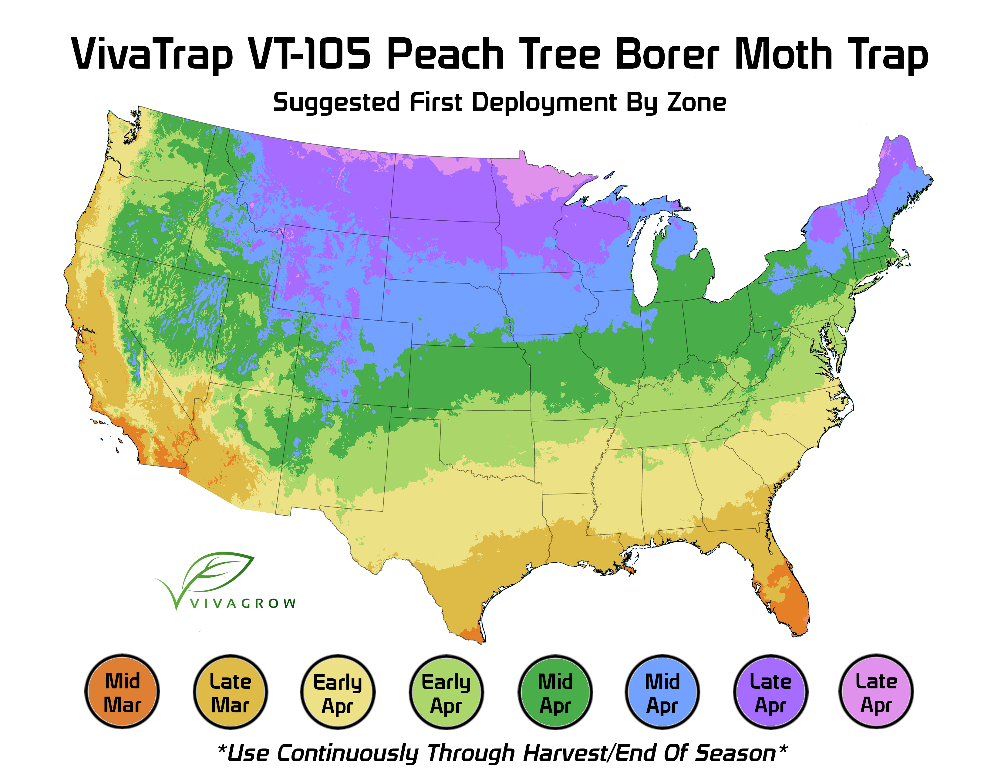 VivaTrap VT-105 Peach Tree Borer Trap Time To Deploy By USDA Zone Map