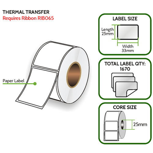 TT 33mm x 25mm Paper Label - Thermal Transfer