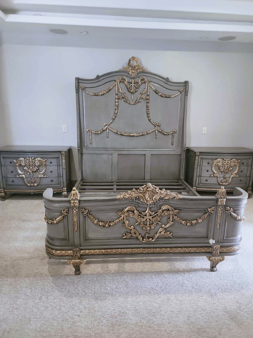 GREY AND GOLD FRENCH BED FRAME WITH ROSES