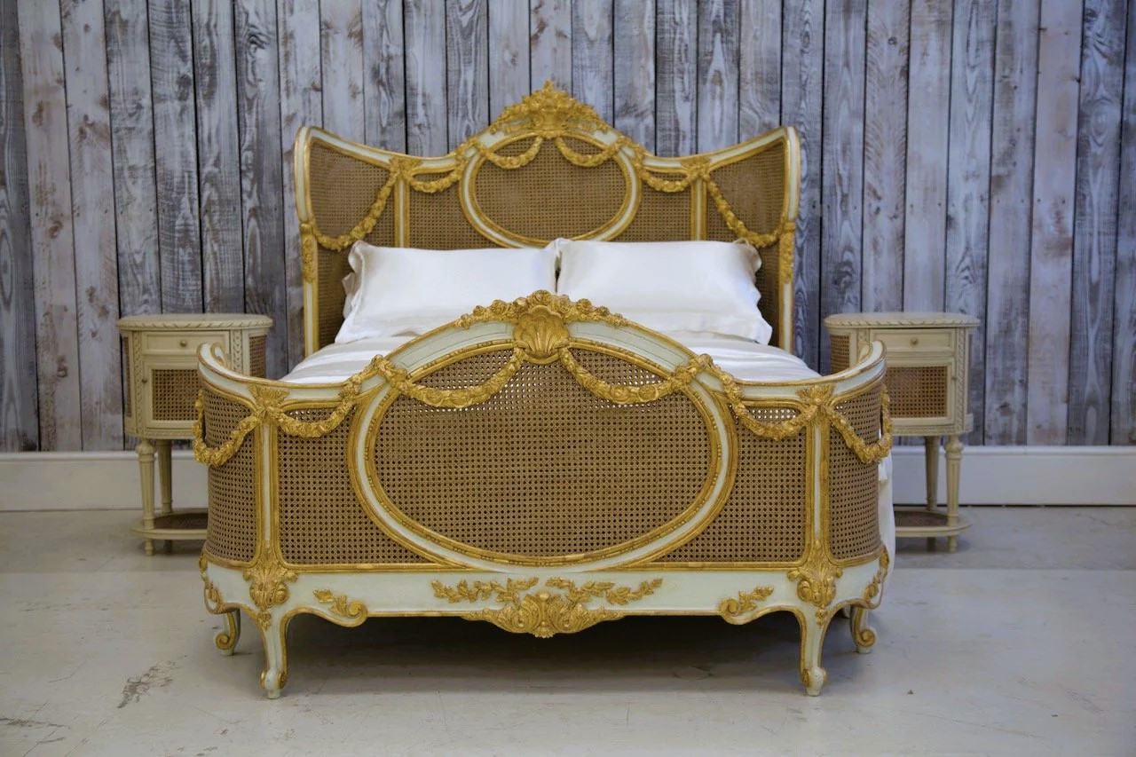 GREEN AND GOLD FRENCH CANE BED